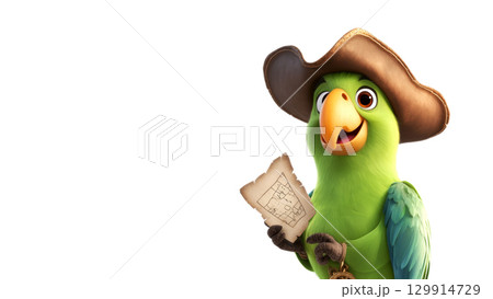 Vibrant parrot cartoon character dressed as a pirate holding a map with excitement 129914729