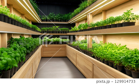 Vibrant indoor herb garden with sleek wooden shelves and led lighting 129914733