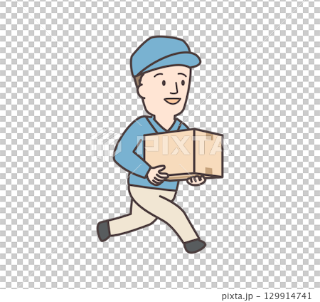 Illustration of a male delivery man running with a cardboard box 129914741