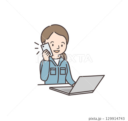 パソコンの前で電話をする女性作業員のイラスト 129914743