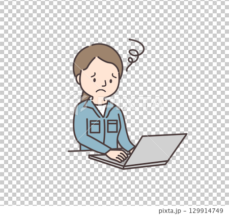 Illustration of a young worker worried in front of a computer 129914749