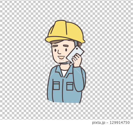 作業服を着た男性が電話をしているイラスト 129914750