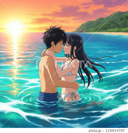 夕日の海に入り寄り添う日本人男女カップル 129914797
