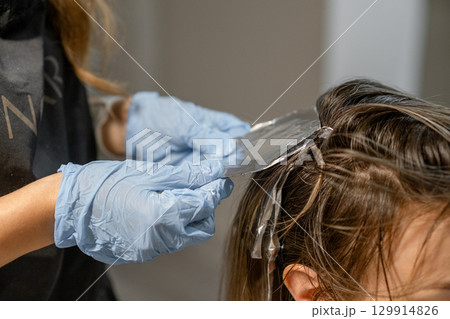 Hair coloring process in a salon with a stylist applying dye on a clients hair Hair coloring process in a salon with a stylist applying dye on a clients hair 129914826