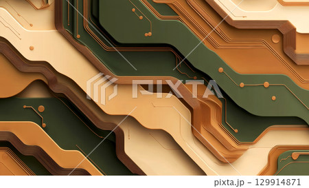 Layered abstract design resembling a circuit board in earth tones 129914871