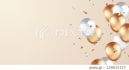 Beautiful banner illustration vector template, 3D gold and white balloons design background. 129915157