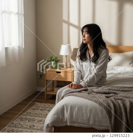 部屋でパジャマでくつろぐ若い日本人女性 129915223