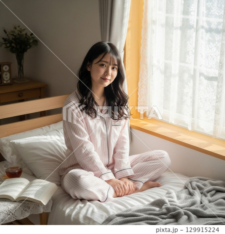 部屋でパジャマでくつろぐ若い日本人女性 部屋でパジャマでくつろぐ若い日本人女性 129915224