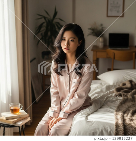 部屋でパジャマでくつろぐ若い日本人女性 129915227