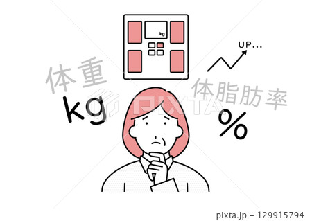 体重の増加や体脂肪率の上昇に悩む中年の女性のイラスト 129915794