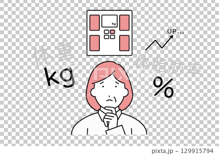 体重の増加や体脂肪率の上昇に悩む中年の女性のイラスト 129915794