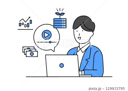 インターネットの動画配信を視聴してお金の勉強をする若い男性のイラスト 129915795
