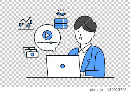 インターネットの動画配信を視聴してお金の勉強をする若い男性のイラスト 129915795