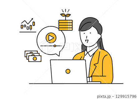 インターネットの動画配信を視聴してお金の勉強をする若い女性のイラスト インターネットの動画配信を視聴してお金の勉強をする若い女性のイラスト 129915796