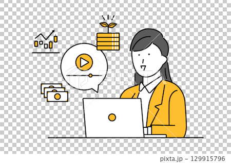 インターネットの動画配信を視聴してお金の勉強をする若い女性のイラスト インターネットの動画配信を視聴してお金の勉強をする若い女性のイラスト 129915796
