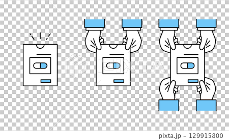 Medicine bag icon and illustration of a pharmacist's hand holding out a medicine bag 129915800