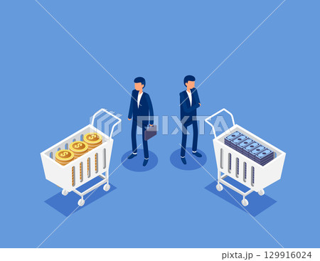 Business team in the financial market calculates the property of his shopping cart and decides to buy or sell. Flat isometric vector concept 129916024