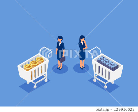 Business team in the financial market calculates the property of his shopping cart and decides to buy or sell. Flat isometric vector concept 129916025