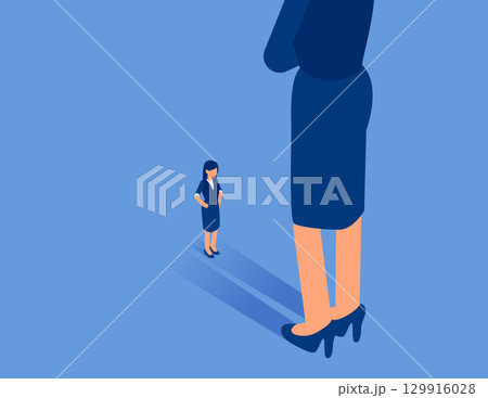 Face to face, small businessmen stand at the feet of giants . Flat isometric vector concept 129916028