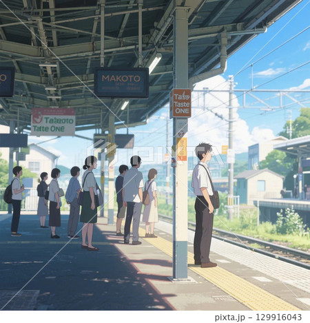駅のホームで電車を待つ人たち 129916043