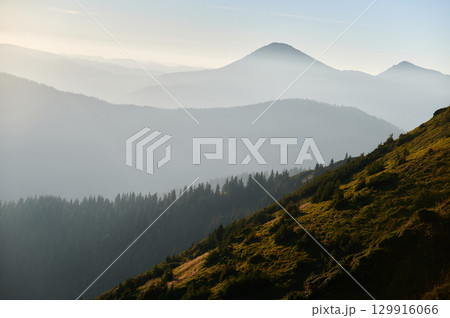Misty morning in mountains with layers of forested hills fading into distance. Rising sun casts golden light on lush green slope, creating serene and peaceful landscape. 129916066