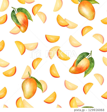 Hand-drawn seamless pattern with ripe mango fruits, juicy slices, and green leaves on white background Hand-drawn seamless pattern with ripe mango fruits, juicy slices, and green leaves on white background 129916068