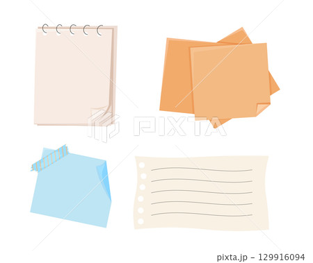 Different note papers, memo pages with paper clip and adhesive tape. Set sticky remind blanks, sheets, stickers. Checklist ripped torn edge paper. 129916094