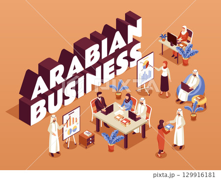 Arab Professionals Working in an Isometric Office Infographics 129916181