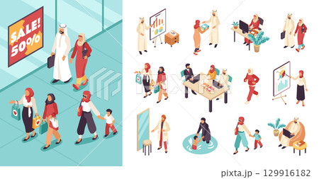 Isometric Illustrations of People in Middle Eastern Setting and Icons 129916182