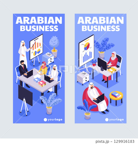 Arab People in a Modern Business Environment Isometric Vertical Banner Collection 129916183