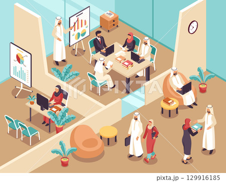 Isometric Business and Teamwork in an Arab Context Illustration 129916185
