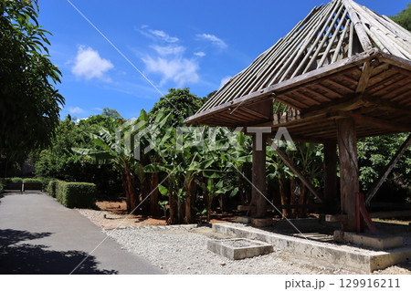 沖縄ワールドの伝統的な高倉とバナナ畑 – 南国文化と青空の風景 129916211