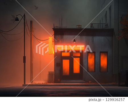 Urban Halloween Night Scene with Neon Door and Fog 129916257