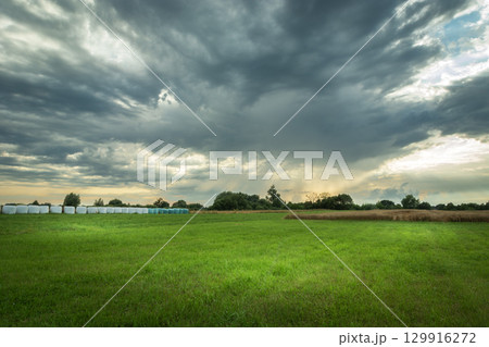 A rural view of gray rainy clouds over a green meadow on a summer day. 129916272