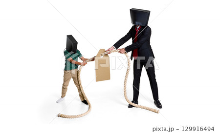 Child and businessman with paper bag heads playing tug of war over price tag 129916494
