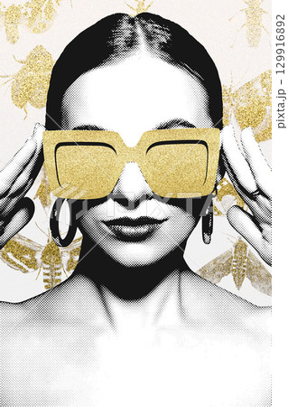 Woman portrait with classic hairstyle and golden retro sunglasses 129916892