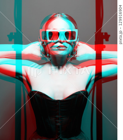 Woman portrait with classic hairstyle, retro sunglasses, lipstick, round earrings and black corset in RGB color split effect style 129916904