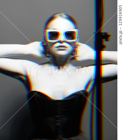 Woman portrait with classic hairstyle, retro sunglasses, lipstick, round earrings and black corset in RGB color split effect style 129916905
