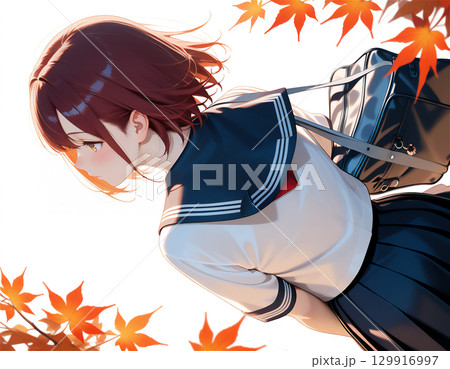 セーラー服の女子高生と秋の季節感あふれる青春と紅葉の通学シーン 129916997