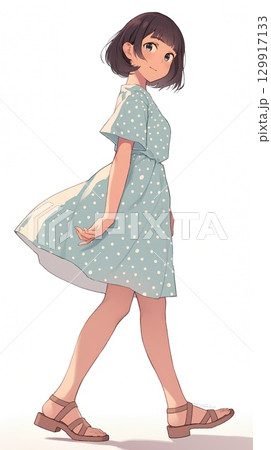 青いワンピースを着た女の子のイラスト 129917133