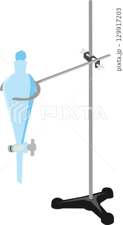 スタンドとカットリングで固定された実験器具の分液ロート(Separatory funnel) 129917203