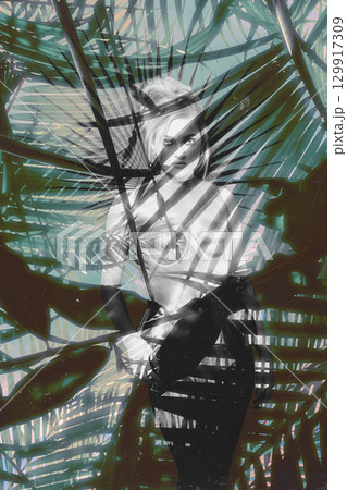 Beautiful woman with shining corset standing in jungles abstract collage portrait Beautiful woman with shining corset standing in jungles abstract collage portrait 129917309