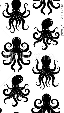Vector seamless pattern with black octopus silhouettes. Monochrome texture with repeating marine creatures Vector seamless pattern with black octopus silhouettes. Monochrome texture with repeating marine creatures 129917348