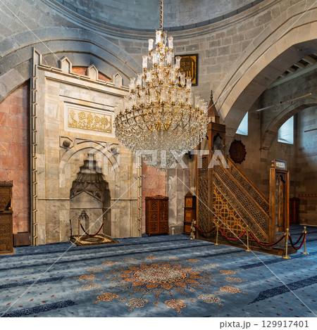 Kayseri Grand Mosque, Turkish: Ulu Camii: Interior with Chandelier, Mihrab and Minbar, Kayseri, Turkey Kayseri Grand Mosque, Turkish: Ulu Camii: Interior with Chandelier, Mihrab and Minbar, Kayseri, Turkey 129917401