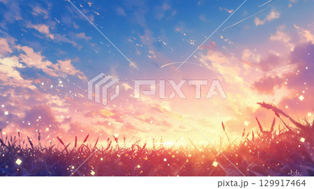 真夏の空と雲と太陽の光が反射している風景 129917464