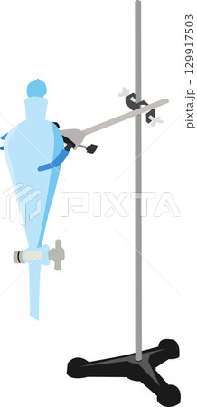スタンドとクランプで固定された実験器具の分液ロート(Separatory funnel) 129917503