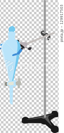 スタンドとクランプで固定された実験器具の分液ロート(Separatory funnel) 129917503