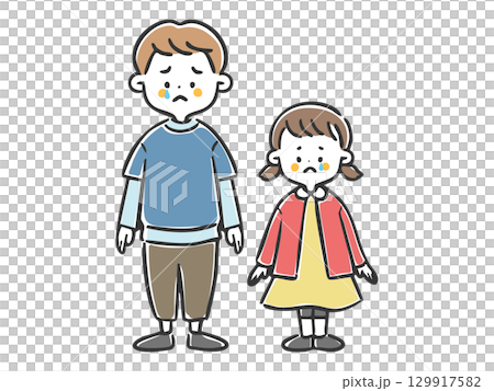 泣いている男の子と女の子のイラストセット　全身　ベクター 129917582