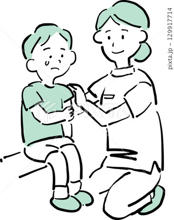 予防接種で泣きそうな子どもを優しく接する看護師のイラスト 129917714