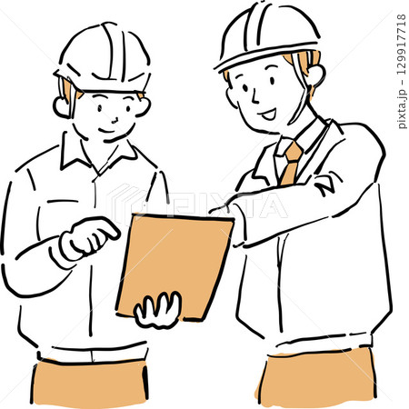 建設現場で打ち合わせをする作業員と技術者のイラスト 129917718